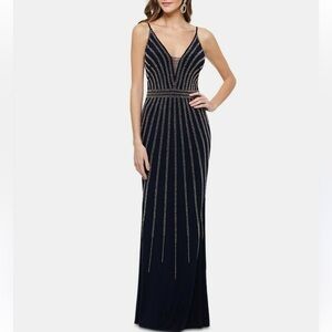 Xscape Beaded Evening Gown, Dark Navy Blue, Deep V, Sheath, Thin Straps, Size 2